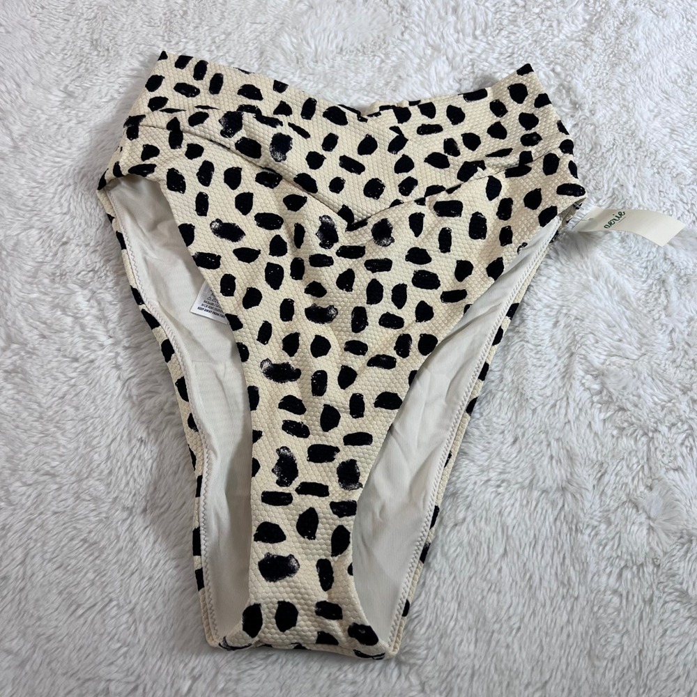 Aerie High Cut Cheeky Bikini Bottom Spotted Animal Print V-Waist Cream Black S